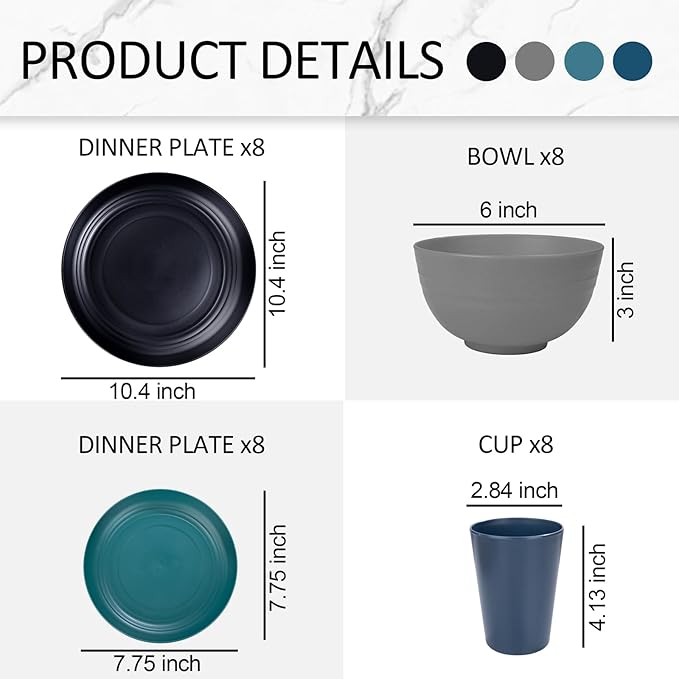 Supernal 32pcs Wheat Straw Dinnerware Sets,Plastic Plates and Bowls Sets for 8,Unbreakable Plates and Bowls Sets Dishwasher Safe Microwave Safe Fun Colors Perfect for Cooking Family Camping Picnics