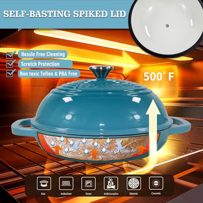 Enameled Cast Iron Dutch Oven with Lid,11" Bread Pan Baking Kit,6 Quart Enamel Bread Pan,Dutch Oven for Sourdough Baking-with Silicone Mat,Teal Thick Enamel Oven Pan-Gifts for Family