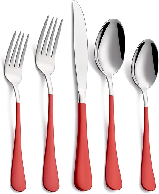 20-Piece Red Silverware Set, 18/0 Stainless Steel Red Handle Flatware Set, Service for 4, Modern Cutlery Set Includes Dinner Knives Forks Spoons, Mirror Polished, Dishwasher Safe