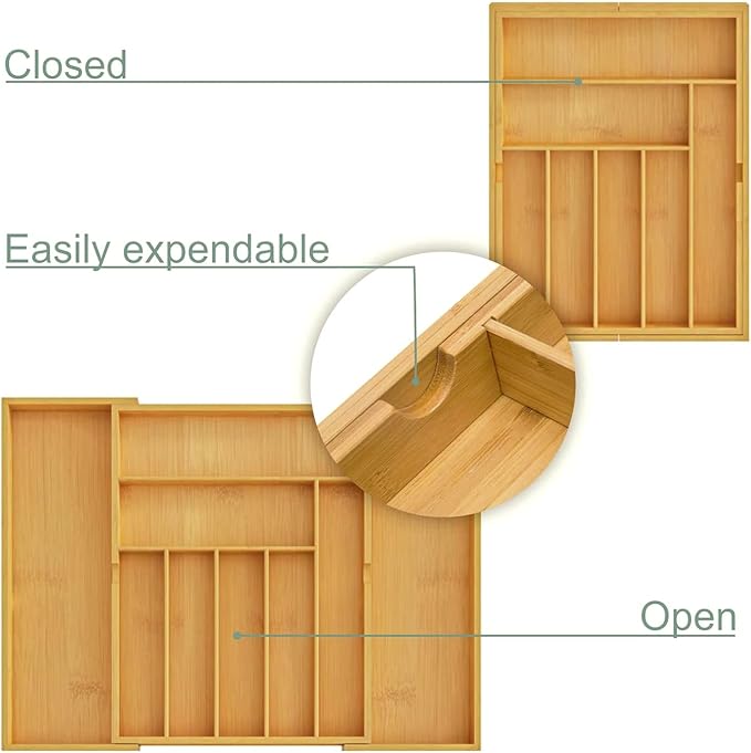 BAMEOS drawer organizer flatware organizer cutlery tray silverware organizer expandable adjustable bamboo drawer organizer kitchen bathroom