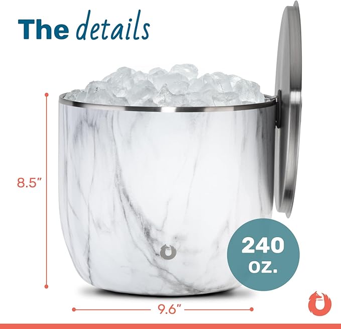 SNOWFOX XL Premium Vacuum Insulated Double Wall Stainless Steel Ice Bucket with Lid/Scoop, Bar Accessories, Large Elegant Party Bucket, Chills Several Bottles,Beautiful Entertaining Supplies,7L,Marble