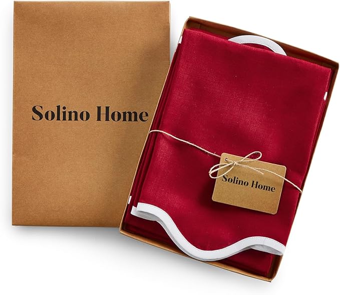Solino Home Scallop Linen Napkins Set of 4-100% Pure Linen White and Red Dinner Napkins Cloth 20 Inch - Giselle Scallop Edge, Handcrafted and Machine Washable - Christmas