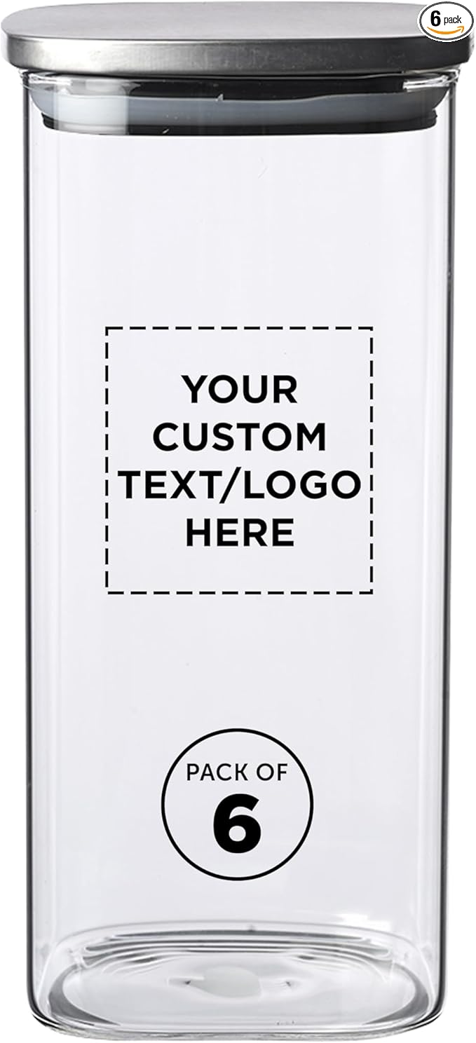 DISCOUNT PROMOS Custom Branson 53 oz. Square Storage Jars Set of 6, Personalized Bulk Pack - Durable Kitchen Organization, Home Decor Essentials, Food Storage Solutions - Clear
