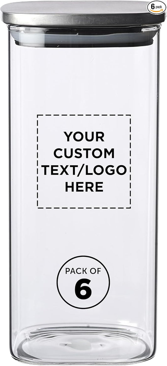 DISCOUNT PROMOS Custom Branson 53 oz. Square Storage Jars Set of 6, Personalized Bulk Pack - Durable Kitchen Organization, Home Decor Essentials, Food Storage Solutions - Clear