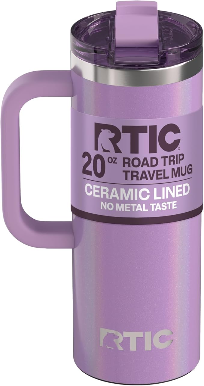 RTIC 20oz Road Trip Travel Mug with Lid and Handle, Ceramic Lined, Insulated, Stainless Steel, Metal, Double Wall Vacuum-Insulation, Portable Coffee, Tea Cup for Hot and Cold Drink, Lavender Glitter