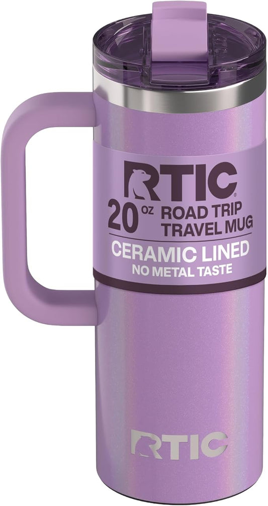 RTIC 20oz Road Trip Travel Mug with Lid and Handle, Ceramic Lined, Insulated, Stainless Steel, Metal, Double Wall Vacuum-Insulation, Portable Coffee, Tea Cup for Hot and Cold Drink, Lavender Glitter