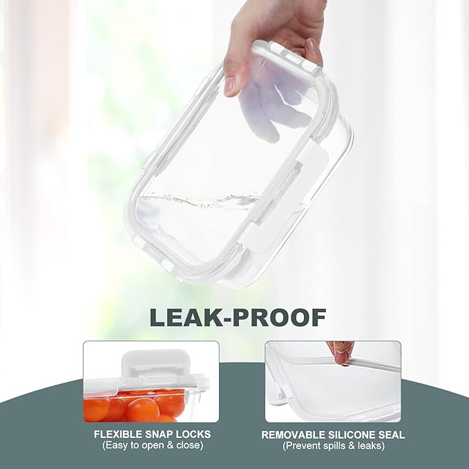 KOMUEE 10 Pack Glass Food Storage Containers, Meal Prep Containers with Lids, Airtight Glass Lunch Boxes, Freezer, Oven, and Microwave Safe, White