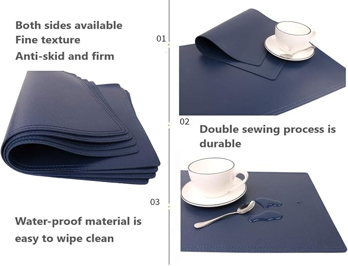 Jovono Set of 8 Faux Leather Placemats, PU Table Mats, Waterproof, Stain Resistant, Heat Resistant, Non-Slip Easy to Clean for Kitchen Dining Table,Conference Table C Blue Rectangle