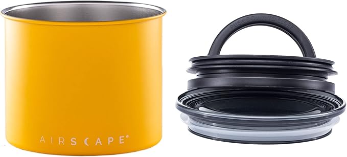 Planetary Design Airscape Stainless Steel Coffee Canister | Food Storage Container | US Patented Airtight Lid | Push Out Excess Air Preserve Food Freshness (Small, Matte Yellow)
