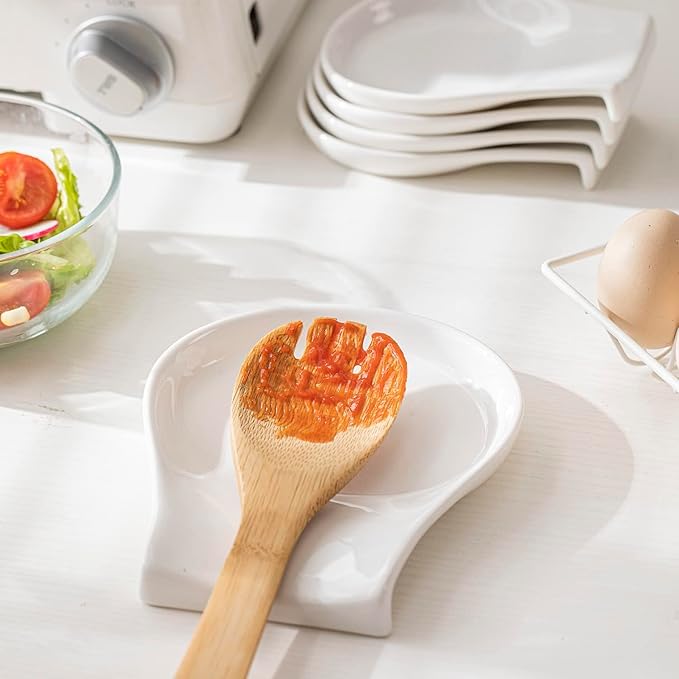 Spoon Rest Set of 1, 5.5 Inches, White Spoon Rest for Stove Top, Spoon Holder for Kitchen Counter Porcelain, Kitchen Utensils Accessories, White