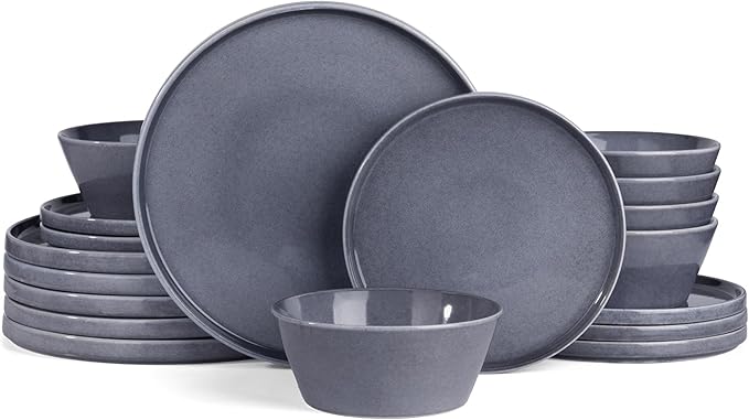 Famiware Annecy Dinner Plates and Bowls Sets, Stoneware Dinnerware Sets, Dishes Set for 6, 18 Pieces Handmade Dishware Set - Microwave & Dishwasher Safe, Double Reactive Glaze Tableware, Misty-Blue