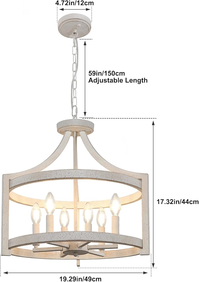 6-Light Farmhouse Chandelier, Distressed Hanging Pendant Lighting, Convertible Semi Flush Mount Ceiling Light Fixture Vintage White Metal Chandeliers for Dining Room Kitchen Foyer Entryway