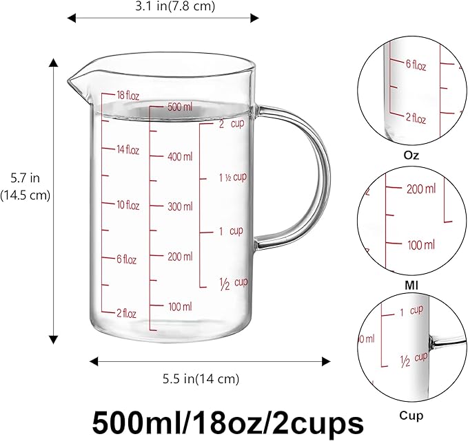 Luvan 18OZ/500ML Glass Measuring Cup, 2 Cup Glass Measuring Cups With 3 Scales (Ml/Oz/Cup), High Borosilicate Measuring Cup With Handle and V-Shaped Spout, Dishwasher/Freezer/Microwave Safe