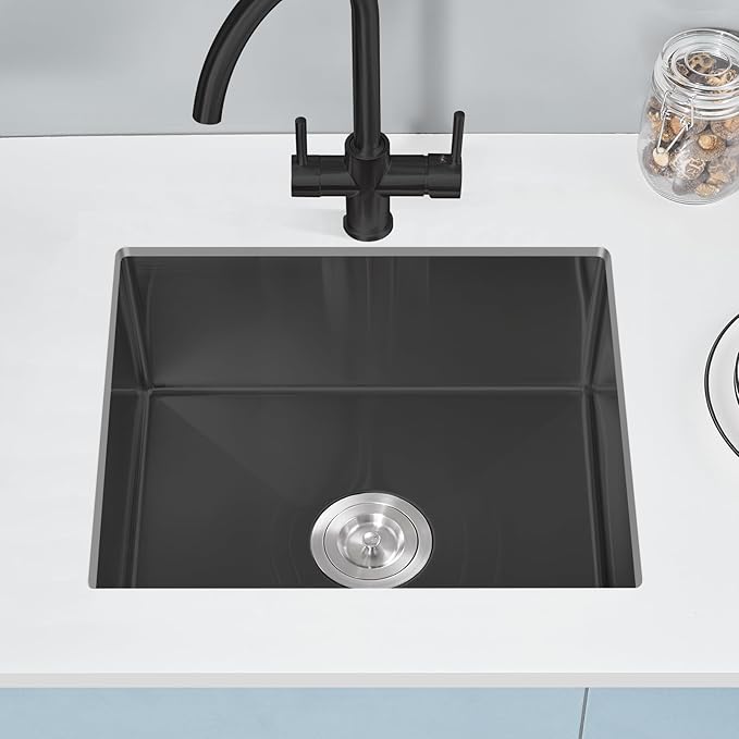 POPFLY 20 Inch Undermount Kitchen Sink, 20×17 Inch 304 Stainless Steel Sink 18 Gauge Single Bowl 9 Inch Deep Bar Prep Small Sink with Sink Strainer, Black
