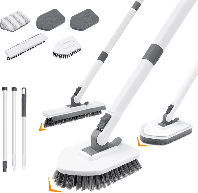 4 in 1 Shower Scrubber Cleaning Brush, Tub and Tile Scrubber with Long Handle, Grout Brush Stiff Bristles Scrub Sponge Brushes Microfiber Pad, for Toilet Bathroom Kitchen Wall Floor Glass Bathtub Sink