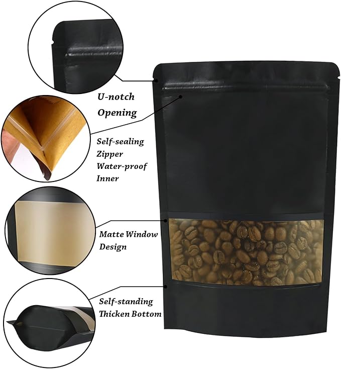 100 PCS Resealable Stand Up Kraft Paper Bags With Matte Window, Zipper Lock Food Storage for Small Business and Home, 7.87 * 11.81 Inches Reusable Sealable Packaging - Black