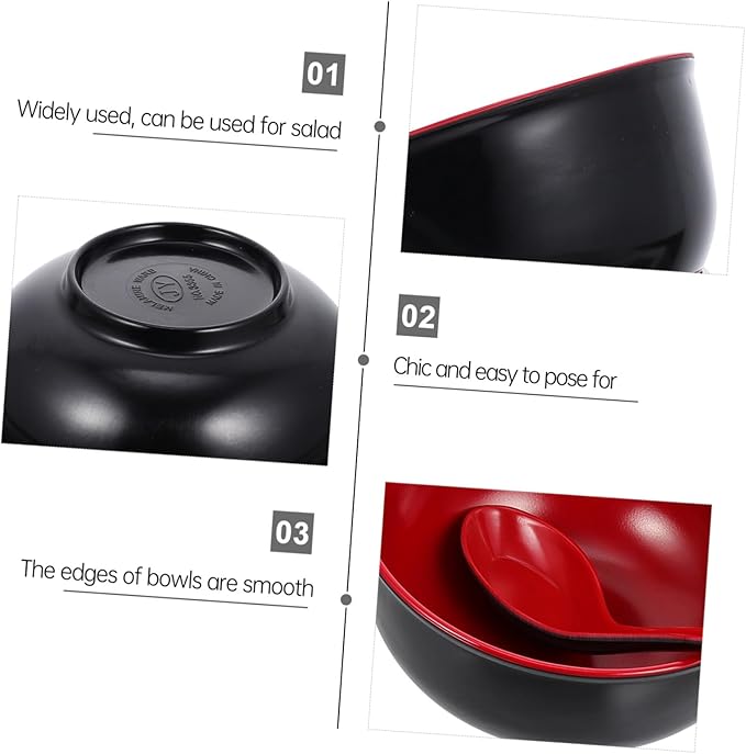 Practical Melamine Ramen Bowls with Dual-color Spoons Black and Red Sturdy Asian Soup Bowls for Rice Noodles Salad Easy to Clean for Family Meals and