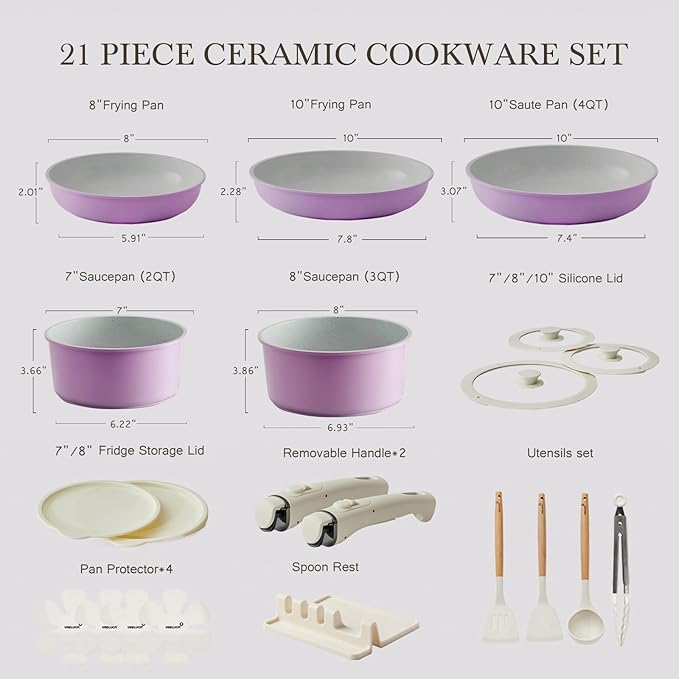 Pots and Pans Set Healthy Non toxic Non Stick Ceramic Cookware Set 21 Pcs Detachable Handles, Oven Safe, Induction Dishwasher, Stackable Frying Pan (PFOS, PFOA Free),Pink
