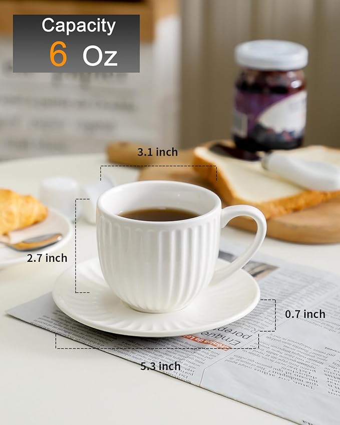 Hasense Porcelain Cappuccino Cups and Saucers Set of 4,White Ribbed 6 Oz Demitasse Tea Cup with big Handle, Mugs Set for Coffee,Tea,Latte and Mocha, Aesthetic Gift for Anniversary or Holiday