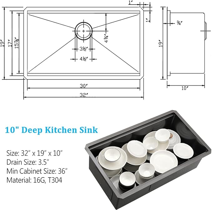 Black Kitchen Sink Undermount, 32x19 Inch Workstation Black Stainless Steel Undermount Kitchen Sink 16 Gauge Deep Single Bowl