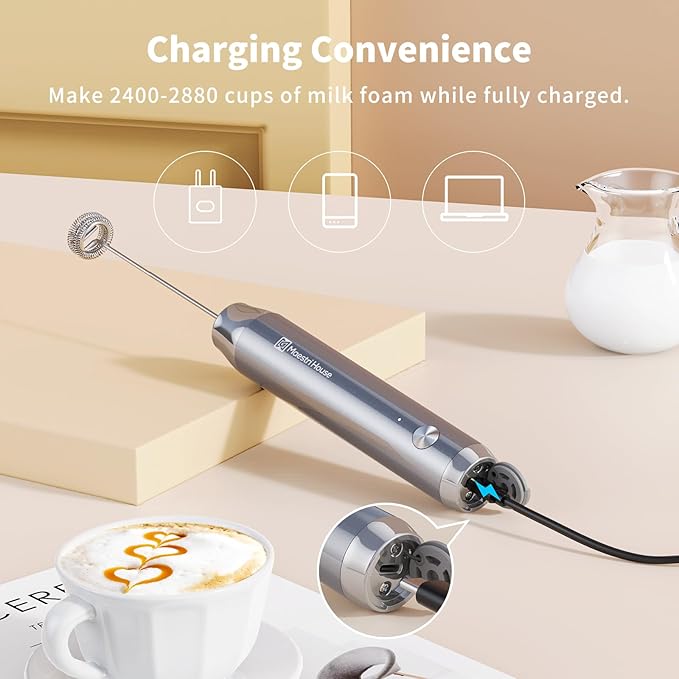 Maestri House Rechargeable Milk Frother with Stand, LunaFro Handheld Electric Foam Maker Waterproof Detachable Stainless Steel Whisk Drink Mixer Foamer for Lattes, Cappuccino