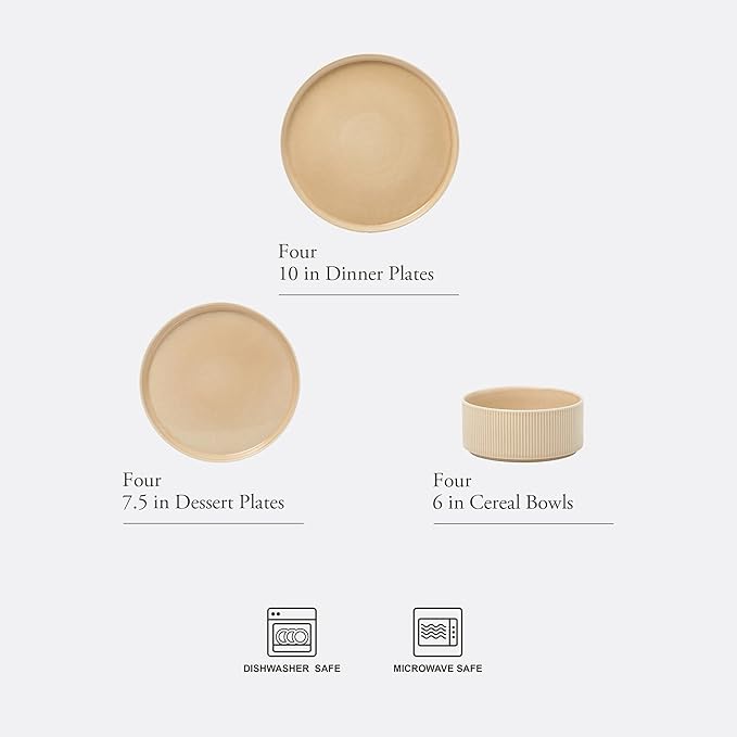 Gibson Elite Solana Coast 12 Piece Stoneware Reactive Glaze (Service for 4) Ceramic Plates and Bowls Modern Shape Embossed Dinnerware Set - Terracotta Orange