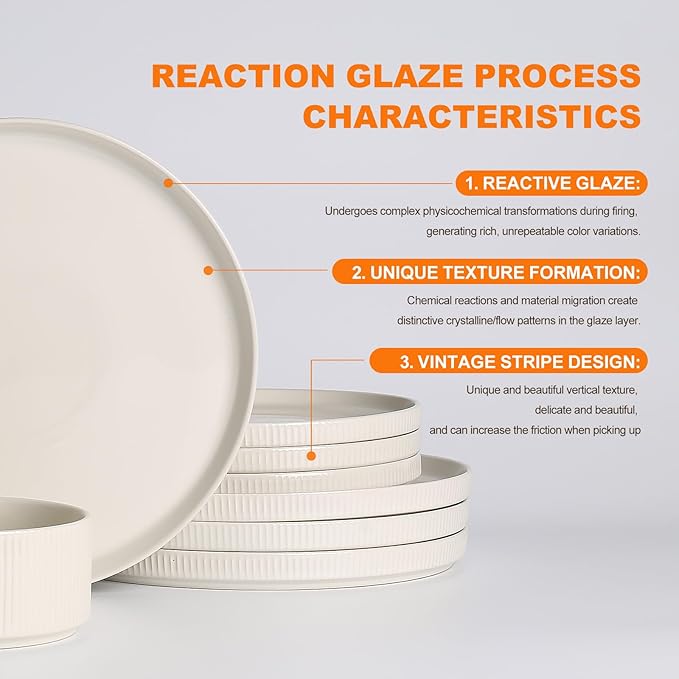 MONITO Ceramic Plates and Bowls Sets for 4, 12PCS Stoneware Dinnerware Sets, Reactive Glaze Dish Set, Chip and Scratch Resistant Double, Microwave and Dishwasher Safe,White