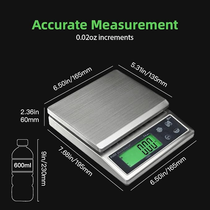 Polit Sun Rechargeable Food Scale for Kitchen13lb/6kg, 0.02oz/0.5g Precision IP65 Waterproof Kitchen Scale with LCD Display Stainless Steel Top, Grams & Ounces for Seafood, Baking & Restaurants