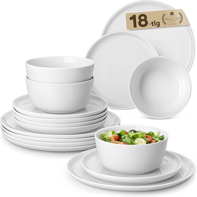 MALACASA 18 Pieces Gourmet Porcelain Dinnerware Sets, Premium Plates and Bowls Set, High-Fired Ceramic Dishes Set for 6, Chip & Scratch Resistant, Microwave Dishwasher Safe, White, Series LEXI