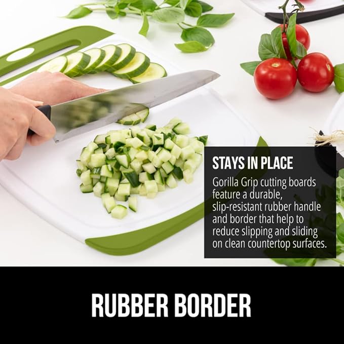 GORILLA GRIP BPA-Free Reversible Kitchen Cutting Board Set of 3, US Designed, Nonporous, Juice Grooves Catch Liquid, Slip Resistant Border, Dishwasher Safe, Durable Food Chopping Boards, Lime Green