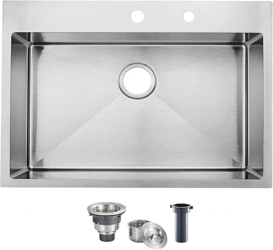 30 Inch Drop in Kitchen Sink, 30x18 Inch Brushed Nickel RV Laundry Utility Sink, Top Mount 16 Gauge Stainless Steel Single Bowl Deep Small Kitchen Sink