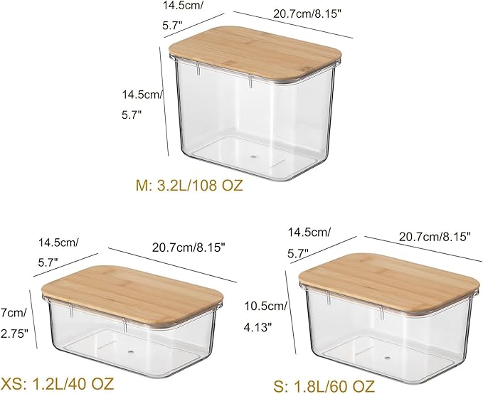 Large Capacity Plastic Food Storage Containers with Bamboo Lid - Moisture-proof Sealing Box Jars with Wooden Lids for Kitchen Storage (40 OZ+60 OZ+108 OZ- XS+S+M)
