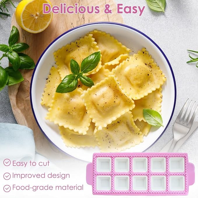 Ravioli Maker Press, Ravioli Press Mold Set, 1.4" Squares Ravioli Stamp Maker Cutter with Wood Rolling Pin, 2.6" Empanada Maker Press Kit with Dough Cutter and Ravioli Wheel, Makes 10 Ravioli