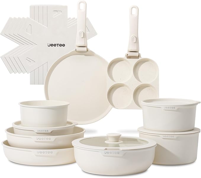JEETEE Nonstick Pots and Pans Set with Removable/Detackable Handle (Beige, 20 pcs)