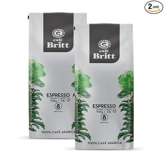 Café Britt® - Costa Rican Espresso Coffee (2 Lbs Each) (2-Pack) (4 Lbs Total) - Whole Bean, Arabica Coffee, Kosher, Gluten Free, 100% Gourmet & Dark Roast (1 Year Shelf-Life)
