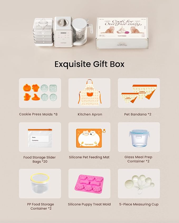 Pet Fresh Food Processor Gift Set – Quick 10 Types of Homemade Fresh Foods for 5 Pet Types, 5.5Qt 7-in-1 Cooking Machine with Easy One-Touch Panel, 100+ DIY Recipes with Various Accessories