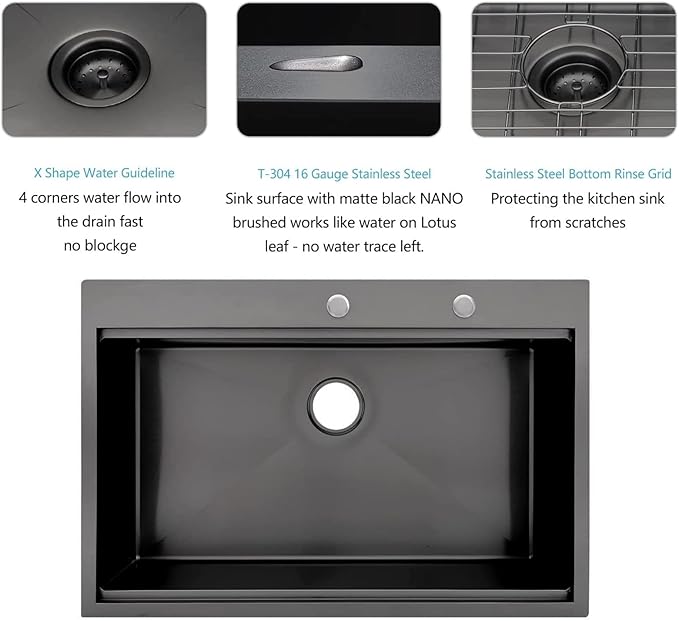 25 Black Kitchen Sink Drop In - LORDEAR 25x22 Inch Kitchen Sink Workstation Gunmetal Black 16 Gauge 304 Stainless Steel Topmount Overcounter Kitchen Laundry Utility Room Sink Basin