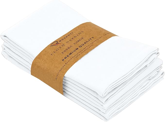 Ruvanti Cloth Napkins Set of 4, 18x18 Inches Napkins Cloth Washable, Soft, Durable, Absorbent, Cotton Blend. Table Dinner Napkins Cloth for Hotel, Lunch, Restaurant, Wedding Parties - White
