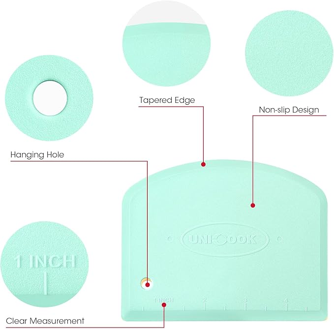 Unicook Dough Scraper Cutter, Flexible Plastic Bench Scraper for Baking Pizza/Pastry/Cake, Multipurpose Baking Tools with Measuring Scale, 2 Pack