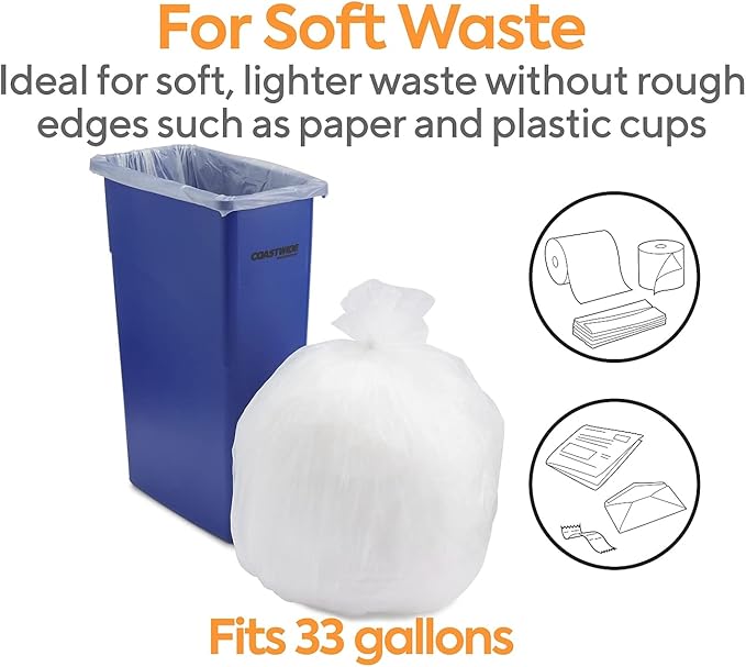 30-33 Gallon Trash Bag, 33" x 40", High Density, 12 mic, Natural, 250 Bags (CW18199)