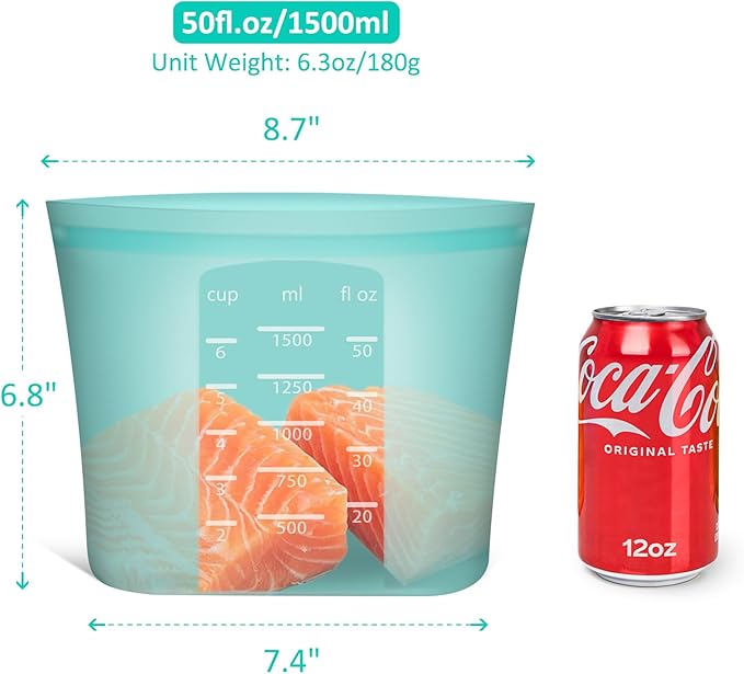 Large Reusable Storage Bag, 4 Pack 100% Silicone Food Storage Bags Stand Up Silicone Zip Lock Bags for Food Container, Freezer Microwave Oven Dishwasher Safe, Aqua, 50.7oz/ 1500ml