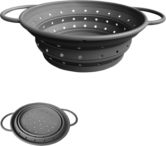 Silicone Collapsible Colander with Handle, Kitchen Colander for Easy Storage,Four-side Fast Draining Silicone Draining Basket, Perfect for Fruits Vegetables (Gray M)