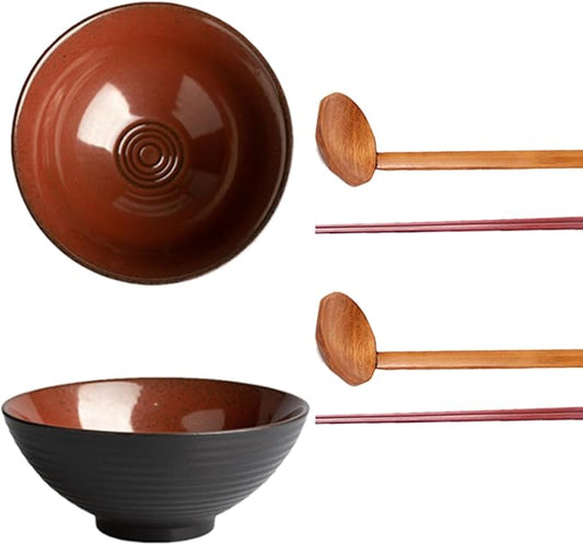Large Japanese Ramen Bowl Set of 4, Material Safety Ceramic Ramen Bowls with Matching Chopsticks and Spoons, 8 Inch 40oz Pho Bowls Ramen Noodle Bowl for Asian Udon Soup Salad Cereal(Red)
