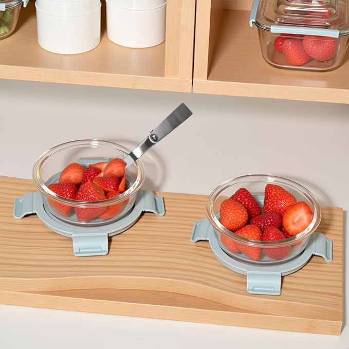 1.5 Cup Round Glass Food Containers with Lids and Folding spoon, Round Small Food Containers with lids, 12OZ Glass Lunch Bowls for Office Meals, Microwave, Freezer, Dishwasher Safe (4 Pack)