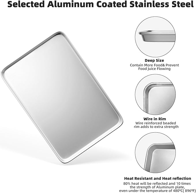 CROSSON 16× 24 Inch Cookie Sheet Pans Set of 6-Baking Tray Jelly Roll Pan Set Commercial Grade Aluminum Coated Statinless Steel Bun Pan for Oven,Freezer,Bakery Hotel Restaurant