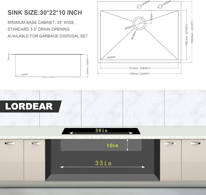 Lordear 30x22 Kitchen Sink Black Drop In Single Bowl 16 Gauge Stainless Steel Gunmetal Black 30 Inch Topmount Kitchen Sinks 30" Basin