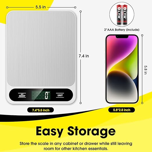 Mik-Nana Food Scale White, 22lb/10kg Digital Kitchen Scale Grams and oz for Baking Cooking and Weight Loss, 1g/0.04oz Precise Graduation, Easy Clean Stainless Steel