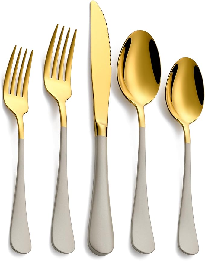 20-Piece Off white & Gold Silverware Set, 18/0 Stainless Steel Colorful Handle Flatware Set,Service for 4,Modern Cutlery Set Includes Dinner Knives Forks Spoons,Mirror Polished,Dishwasher Safe