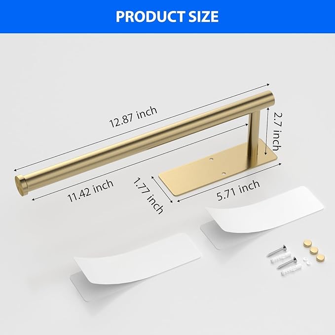 Paper Towel Holder Under Cabinet, Self-Adhesive,No Drilling, Stainless Steel, Wall-Mounted for Kitchen and Bathroom, Easy Install, Durable, Space-Saving, Ideal for Home, RV (Gold, 2 Pack)