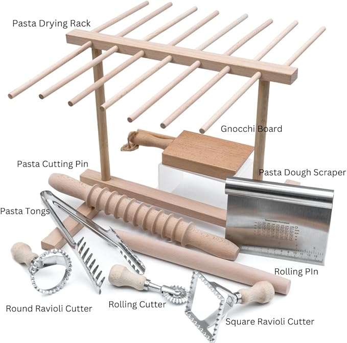 Ultimate 9 Pcs Pasta Making Tool Set Pasta Drying Rack, Pasta Tongs, Two Ravioli Stamp Maker Cutter And Roller Wheel Set, Two Pasta Rolling Pins, Gnocchi Board and Scraper By Cotswold Homeware Co